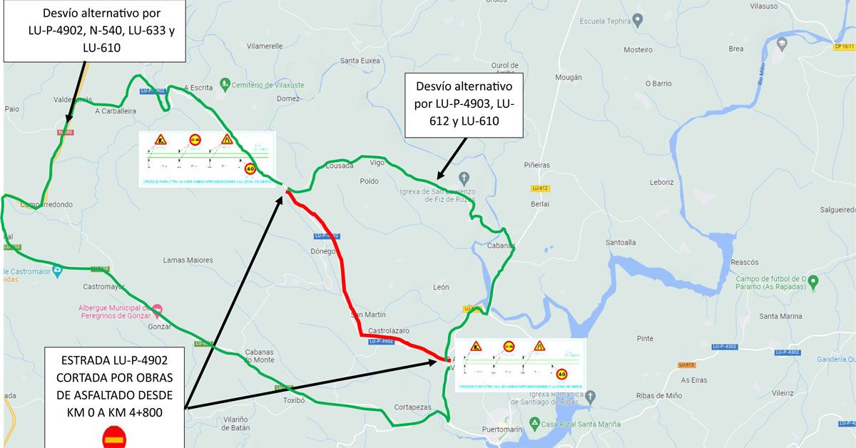 mapa desvio portomarin obras corte trafico